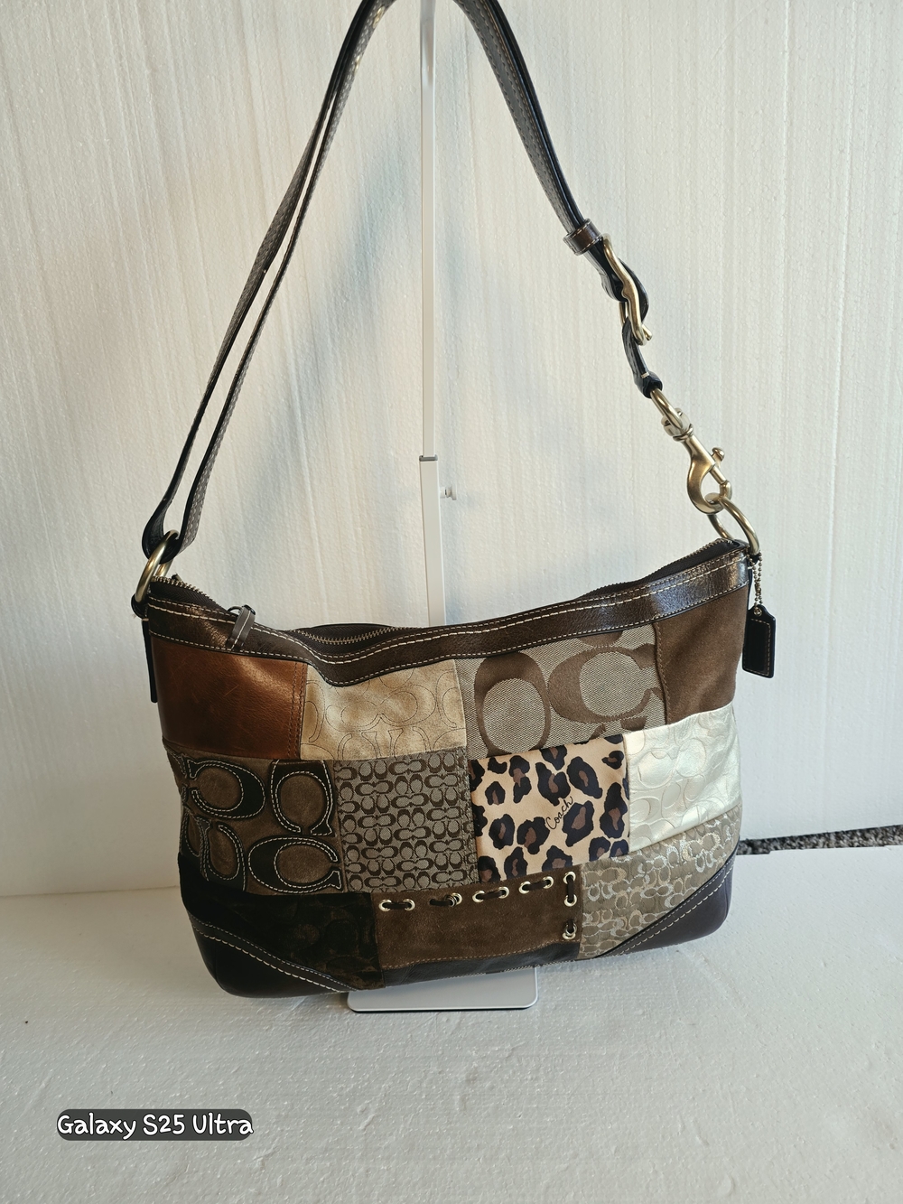 Coach Vintage 2008 Holiday Patchwork Hobo Bag F12842 Leopard Print Suede Y2K
